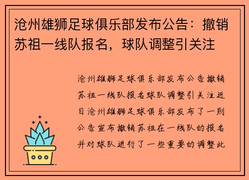 沧州雄狮足球俱乐部发布公告：撤销苏祖一线队报名，球队调整引关注