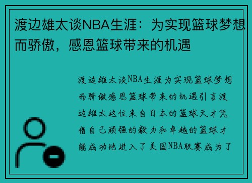 渡边雄太谈NBA生涯：为实现篮球梦想而骄傲，感恩篮球带来的机遇