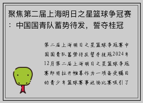 聚焦第二届上海明日之星篮球争冠赛：中国国青队蓄势待发，誓夺桂冠