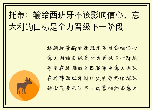 托蒂：输给西班牙不该影响信心，意大利的目标是全力晋级下一阶段
