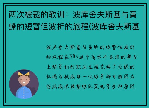 两次被裁的教训：波库舍夫斯基与黄蜂的短暂但波折的旅程(波库舍夫斯基2k)