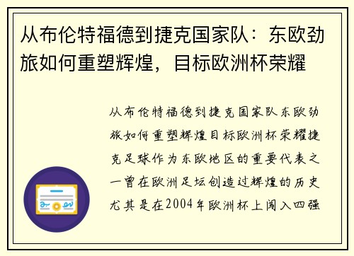 从布伦特福德到捷克国家队：东欧劲旅如何重塑辉煌，目标欧洲杯荣耀