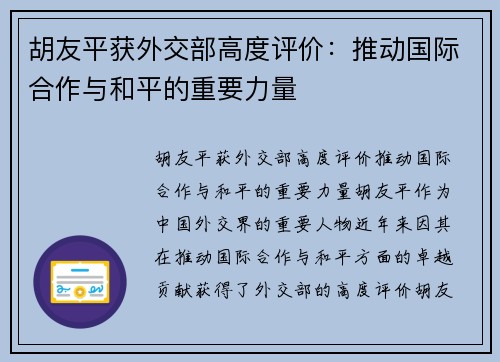 胡友平获外交部高度评价：推动国际合作与和平的重要力量