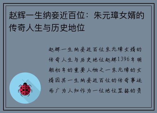 赵辉一生纳妾近百位：朱元璋女婿的传奇人生与历史地位